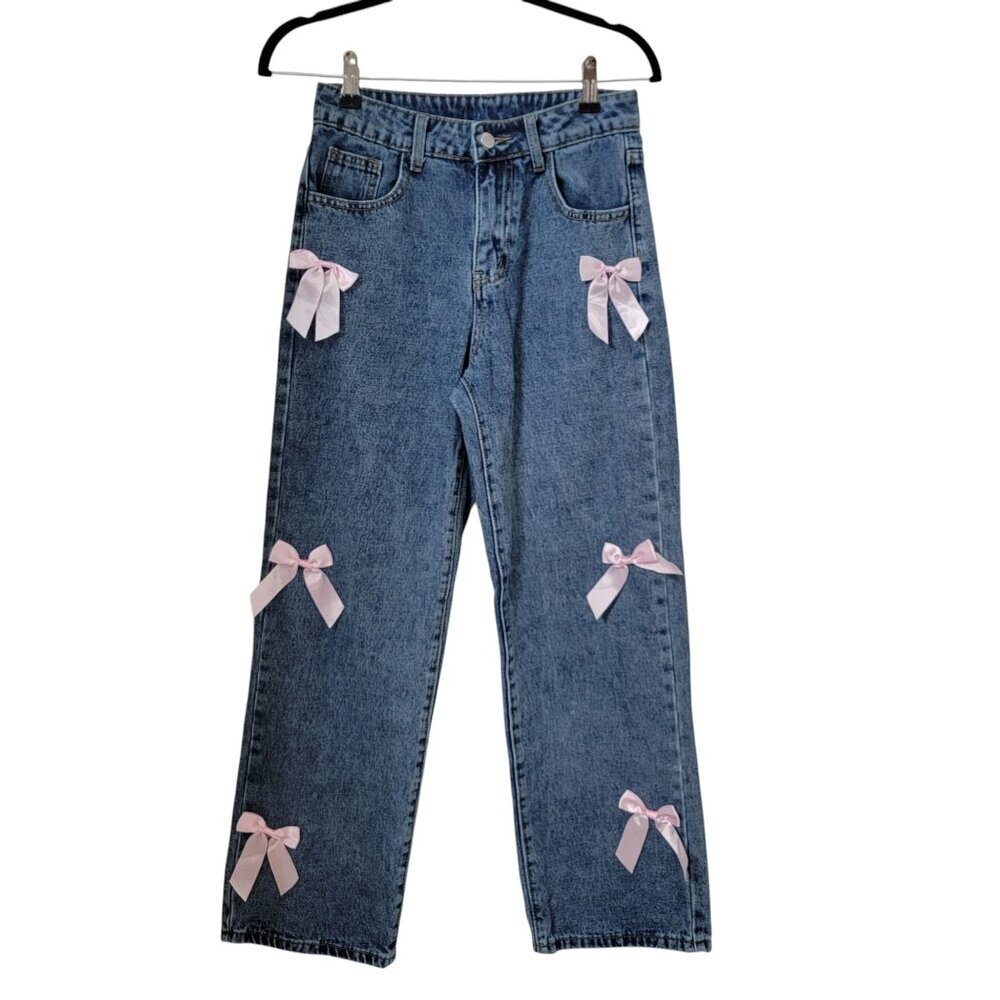 SHEIN Teen Size 13 Year Coquette Girl Pink Satin Bow Adorned Baggy Jeans